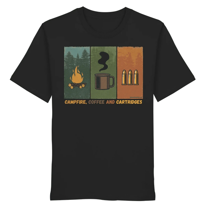 James Hunter - Nature and Beyond Unisex-Shirts Black / XS Coffe, Campfire and Cartridges - Organic Shirt