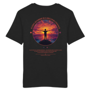 Black T-shirt with sunset silhouette graphic, 'Every Sunrise Is a Second Chance' quote, eco-friendly outdoor apparel