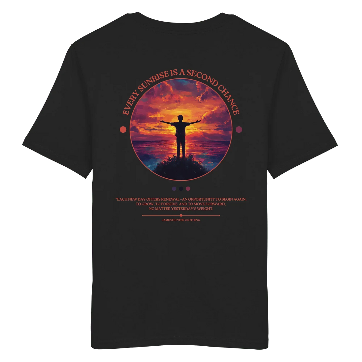 Black T-shirt with sunset silhouette graphic, 'Every Sunrise Is a Second Chance' quote, eco-friendly outdoor apparel