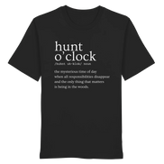 Black T-shirt with 'hunt o'clock' definition, perfect for hunters and nature lovers seeking adventure in the woods.