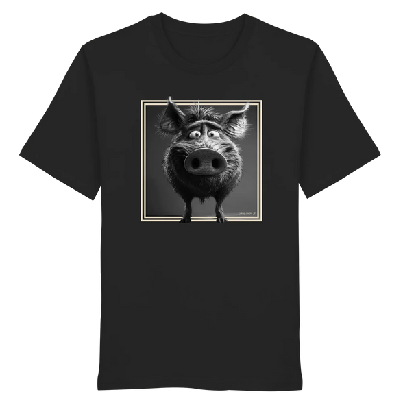Black T-shirt with funny cartoon boar graphic in gold frame, eco-friendly outdoor apparel