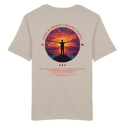 Beige T-shirt with sunset silhouette graphic, 'Every Sunrise Is a Second Chance' quote, eco-friendly outdoor apparel