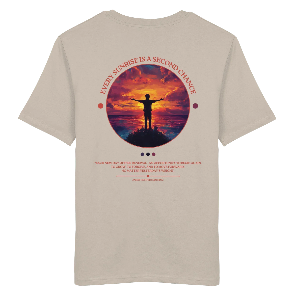 Beige T-shirt with sunset silhouette graphic, 'Every Sunrise Is a Second Chance' quote, eco-friendly outdoor apparel