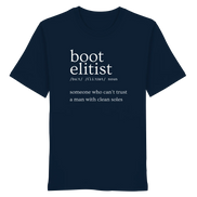 Dark navy T-shirt with 'boot elitist' definition print, ideal for hunters and outdoor enthusiasts