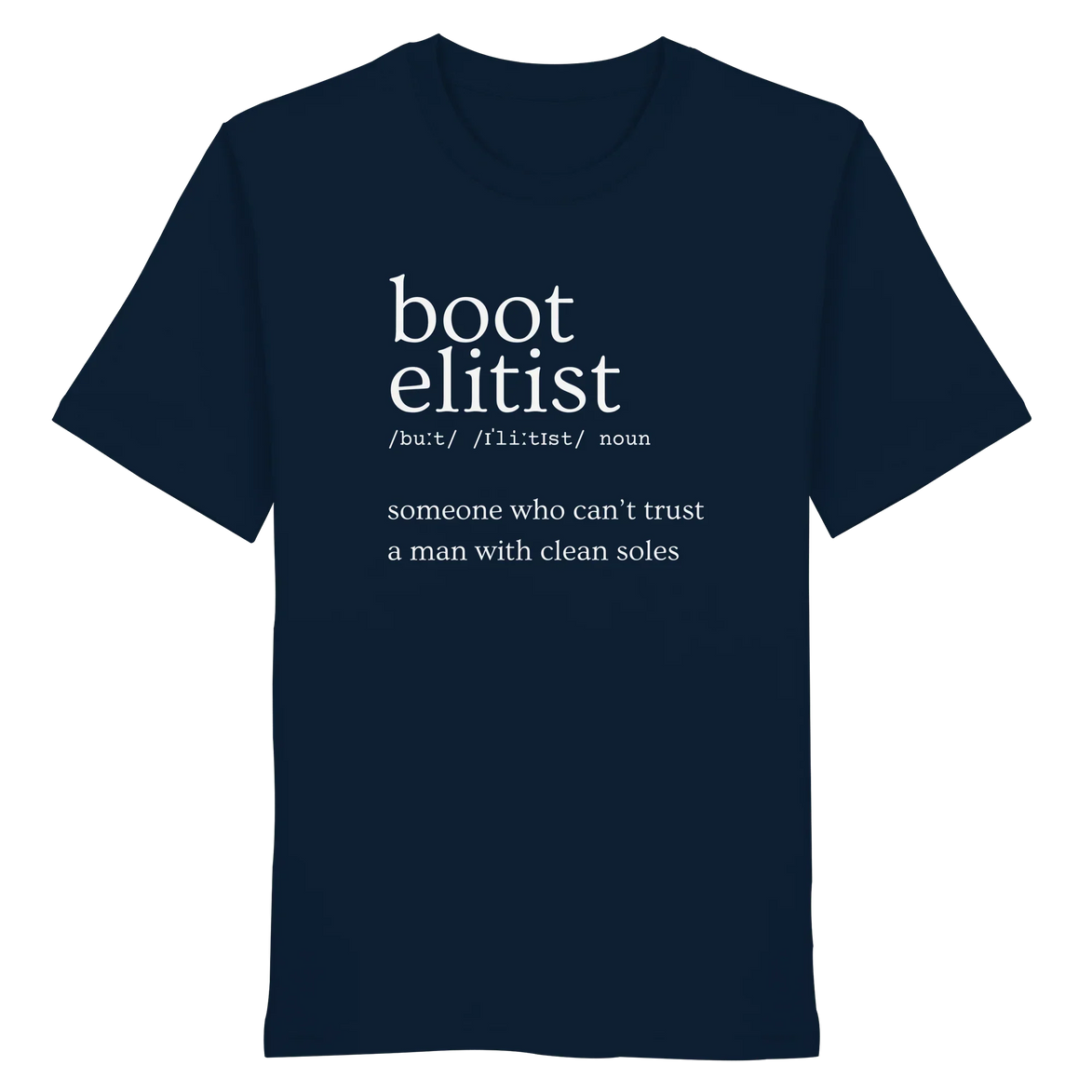 Dark navy T-shirt with 'boot elitist' definition print, ideal for hunters and outdoor enthusiasts