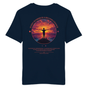 Dark navy T-shirt with sunrise graphic, 'Every Sunrise Is a Second Chance' quote, and nature-inspired design for outdoor lovers.