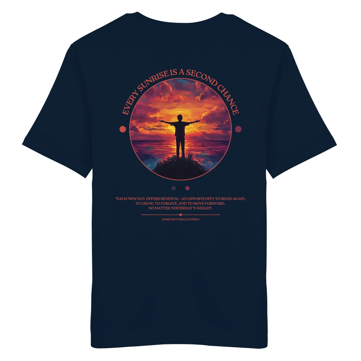 Dark navy T-shirt with sunrise graphic, 'Every Sunrise Is a Second Chance' quote, and nature-inspired design for outdoor lovers.
