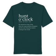 Dark green T-shirt with 'hunt o'clock' definition, perfect for hunters and nature lovers seeking outdoor adventure.