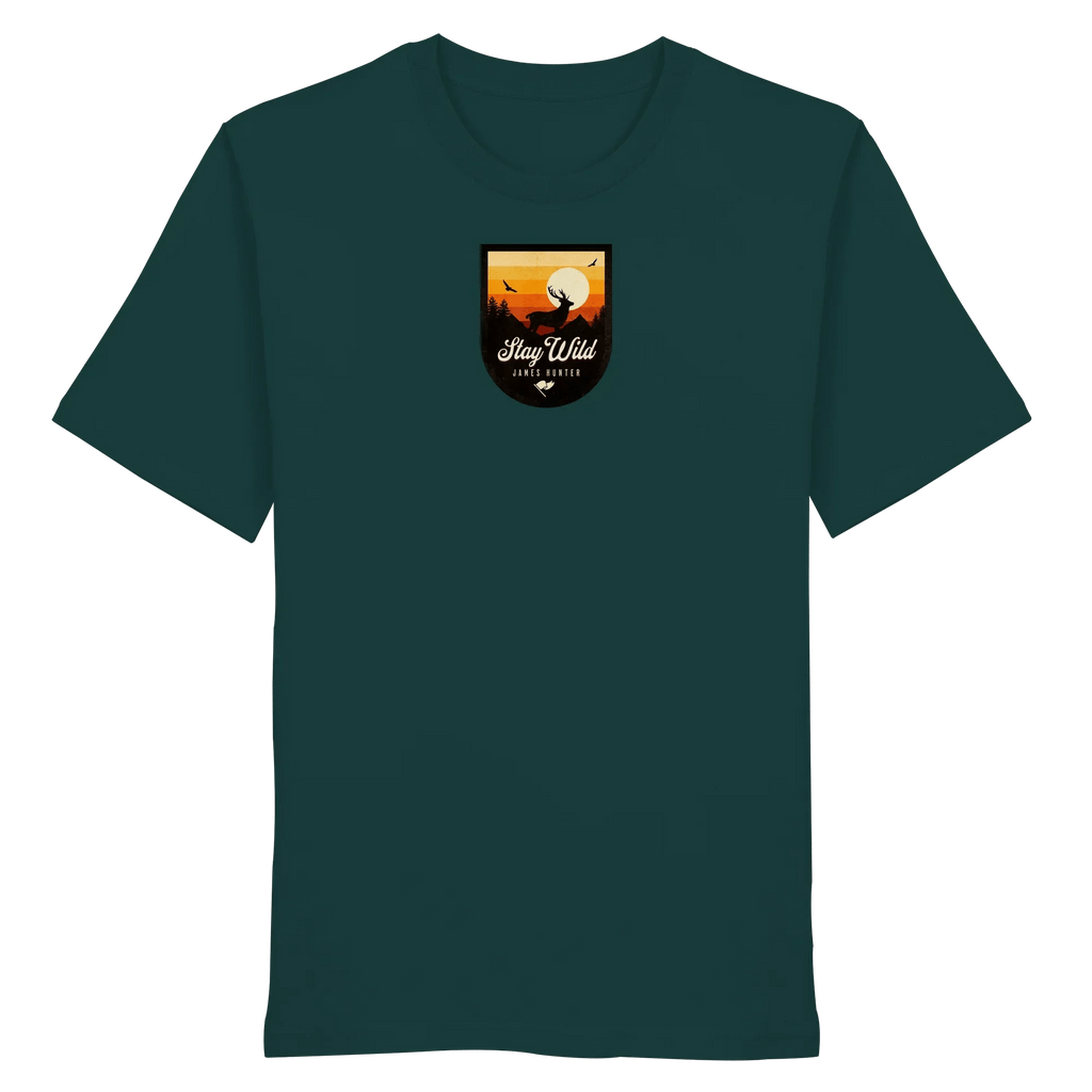 James Hunter - Nature and Beyond Unisex-Shirts Glazed Green / XS Stay Wild – Sunset Deer Badge - Organic Shirt