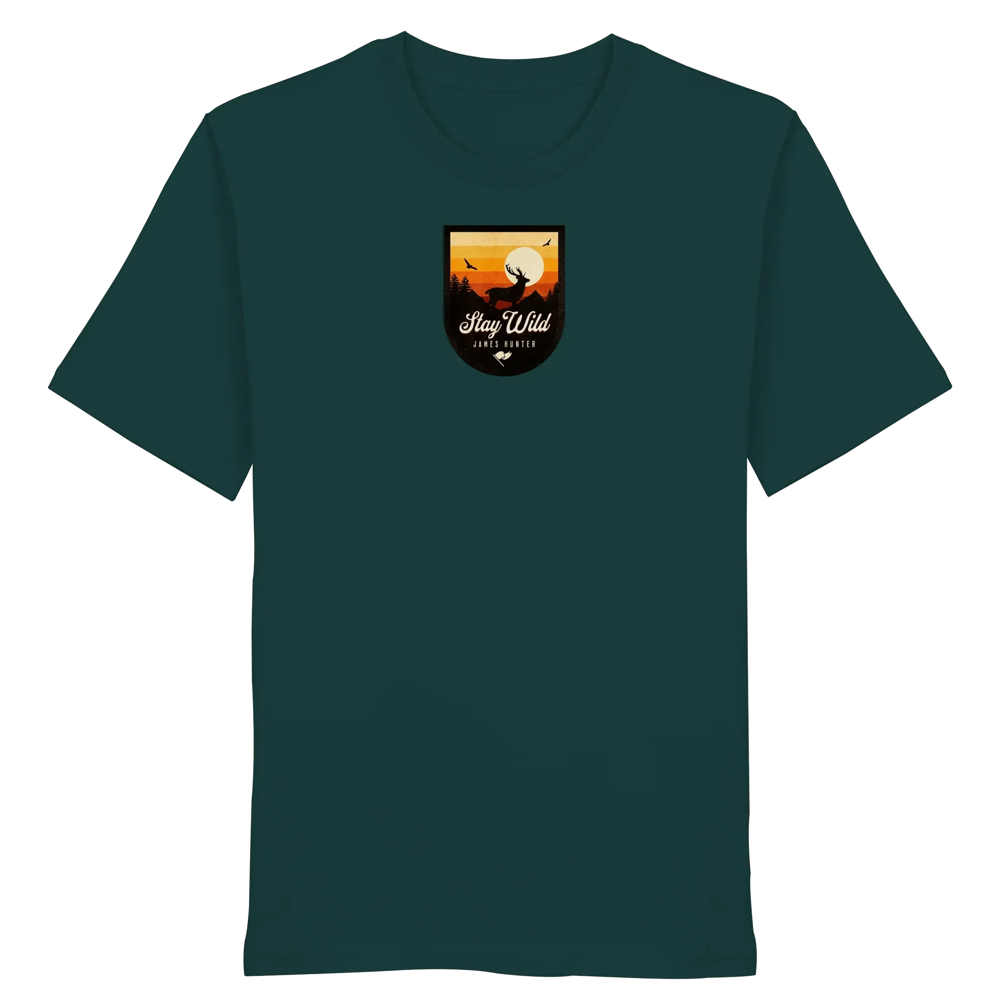 James Hunter - Nature and Beyond Unisex-Shirts Glazed Green / XS Stay Wild – Sunset Deer Badge - Organic Shirt