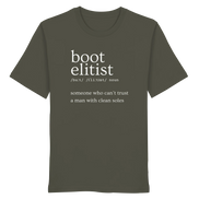 Olive green T-shirt with 'boot elitist' definition print, ideal for hunters and outdoor enthusiasts.
