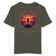 Olive green T-shirt with sunset silhouette design, 'Every Sunrise Is a Second Chance' quote, eco-friendly outdoor apparel