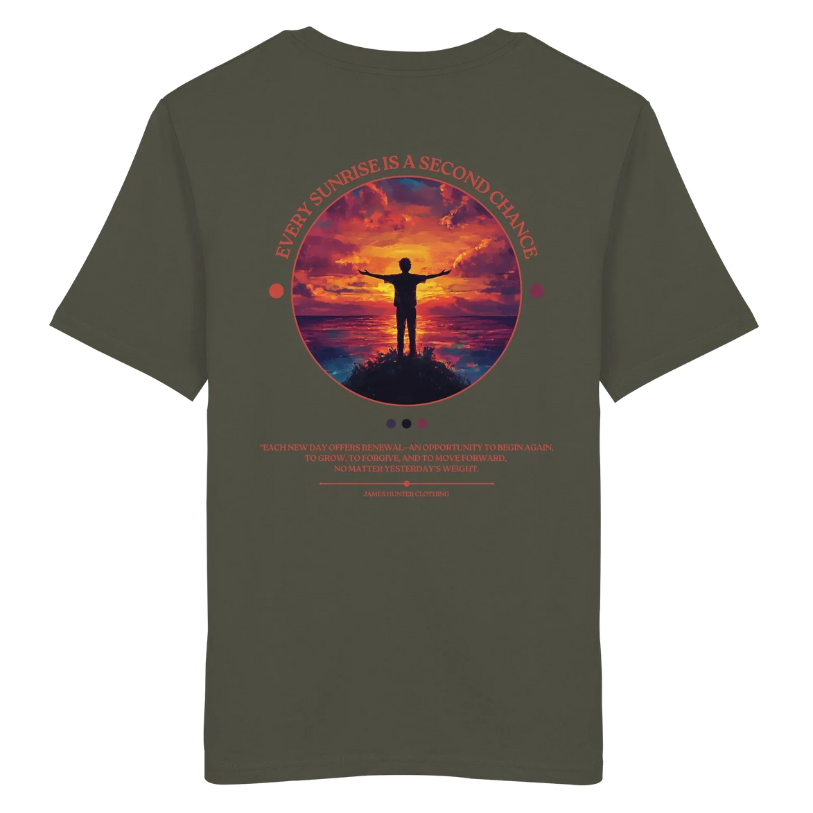 Olive green T-shirt with sunset silhouette design, 'Every Sunrise Is a Second Chance' quote, eco-friendly outdoor apparel