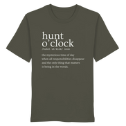 Olive green T-shirt with 'hunt o'clock' definition, perfect for hunters and nature lovers seeking outdoor adventure.