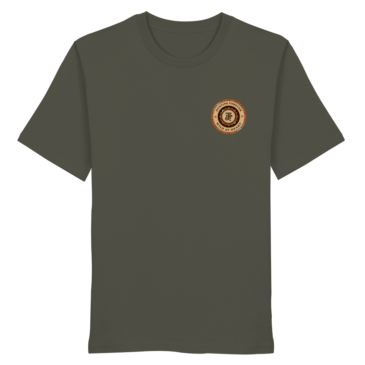 James Hunter - Nature and Beyond Unisex-Shirts Khaki / XS Hunting Forever Badge Orange / Brown - Organic Shirt