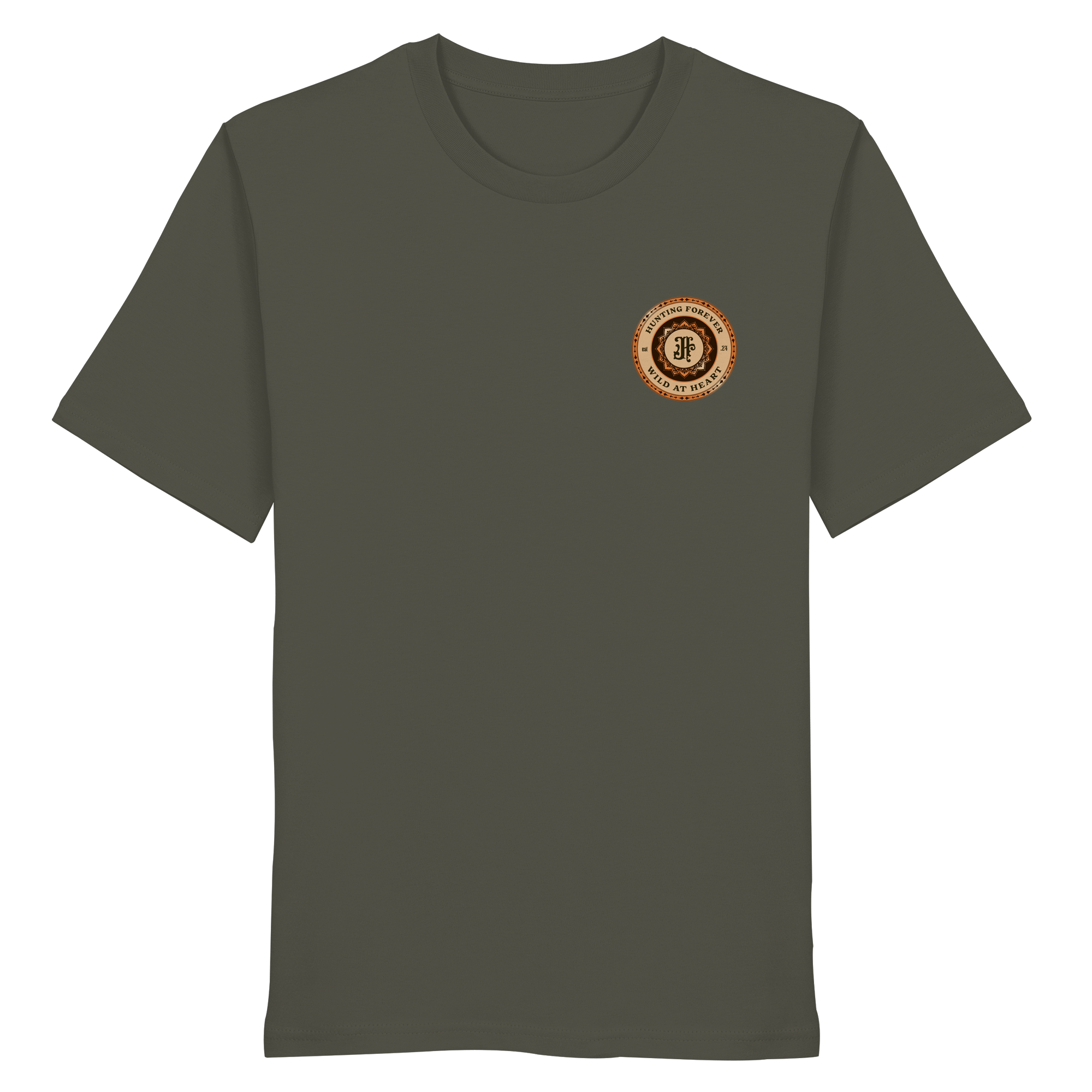 James Hunter - Nature and Beyond Unisex-Shirts Khaki / XS Hunting Forever Badge Orange / Brown - Organic Shirt