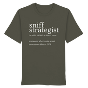Olive green T-shirt with 'sniff strategist' text, ideal for hunters and nature lovers who trust instinct over GPS.