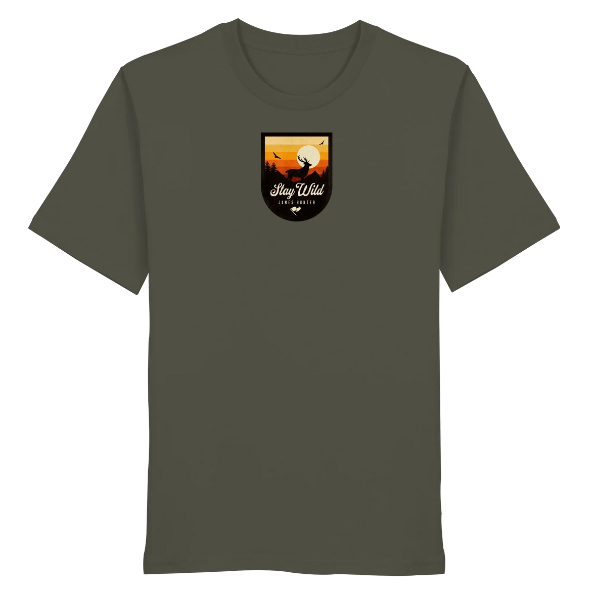 James Hunter - Nature and Beyond Unisex-Shirts Khaki / XS Stay Wild – Sunset Deer Badge - Organic Shirt