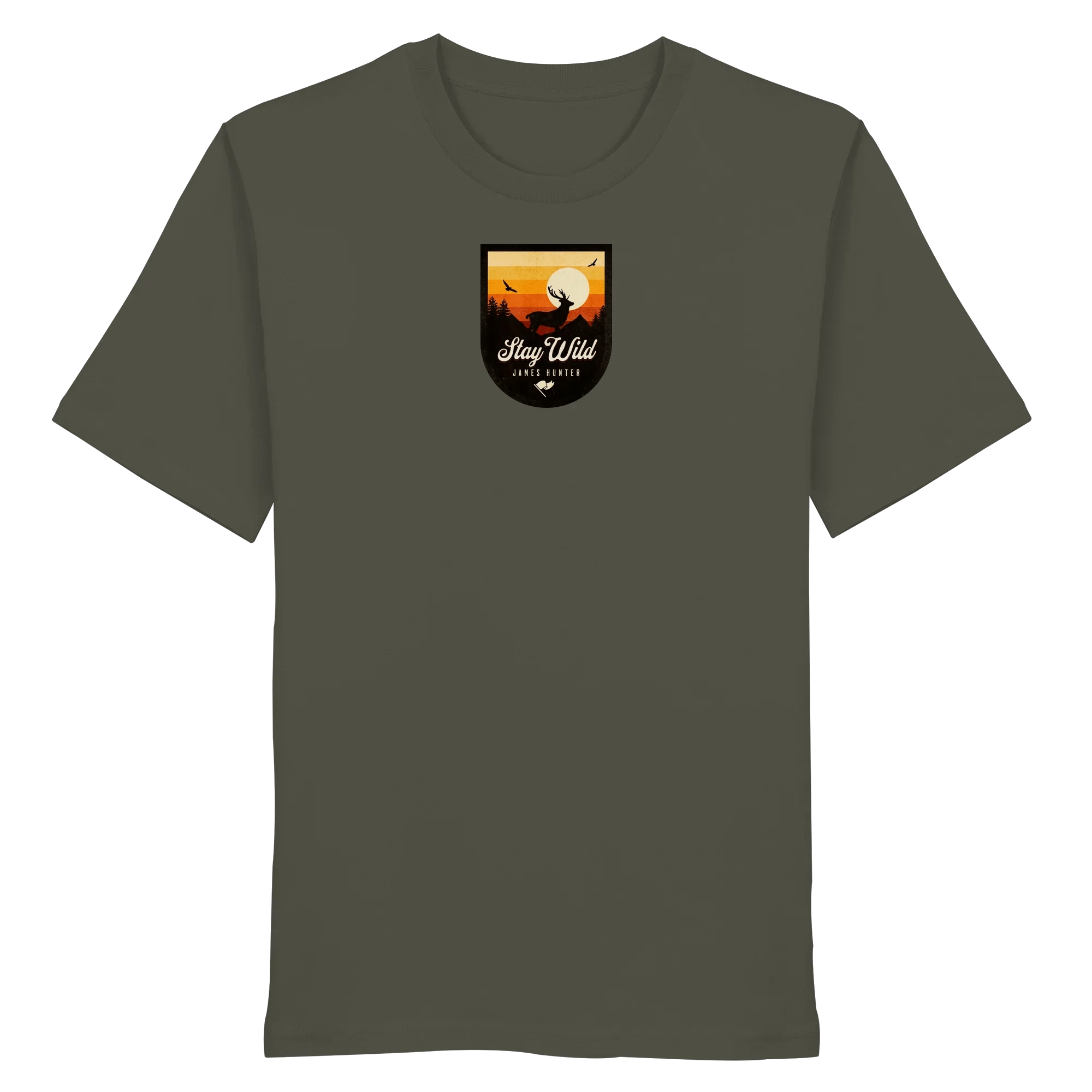 James Hunter - Nature and Beyond Unisex-Shirts Khaki / XS Stay Wild – Sunset Deer Badge - Organic Shirt