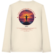 Cream long sleeve shirt with sunset graphic, 'Every Sunrise Is a Second Chance' quote, and nature-inspired design for outdoor lovers.