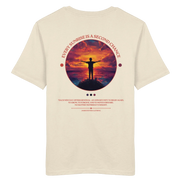 Organic T-shirt with sunset silhouette design, 'Every Sunrise Is a Second Chance' quote, eco-friendly outdoor apparel