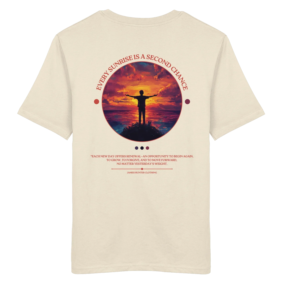 Organic T-shirt with sunset silhouette design, 'Every Sunrise Is a Second Chance' quote, eco-friendly outdoor apparel