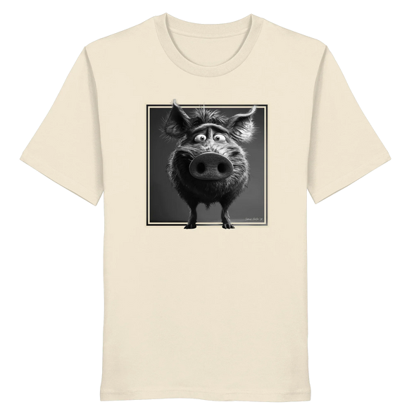 Cream organic T-shirt with black and white wild boar graphic, eco-friendly outdoor apparel for nature lovers