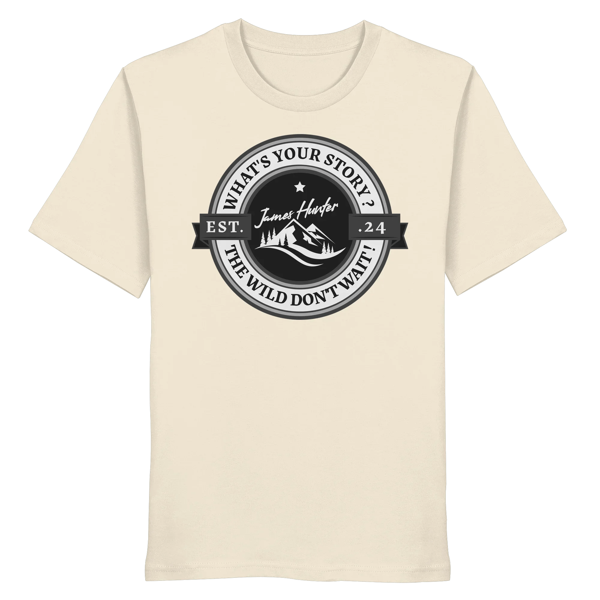 James Hunter - Nature and Beyond Unisex-Shirts Natural Raw / XS What's your Story ? Black/Grey on White - Organic Shirt