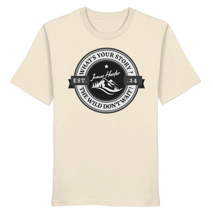 James Hunter - Nature and Beyond Unisex-Shirts Natural Raw / XS What's your Story ? Black/Grey on White - Organic Shirt