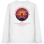 White long sleeve shirt with sunset silhouette graphic and 'Every Sunrise Is a Second Chance' quote, eco-friendly outdoor apparel.