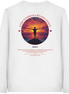 White long sleeve shirt with sunset silhouette graphic and 'Every Sunrise Is a Second Chance' quote, eco-friendly outdoor apparel.