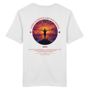 White organic T-shirt with sunset silhouette design, 'Every Sunrise Is a Second Chance' quote, eco-friendly outdoor apparel
