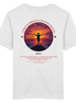 White organic T-shirt with sunset silhouette design, 'Every Sunrise Is a Second Chance' quote, eco-friendly outdoor apparel
