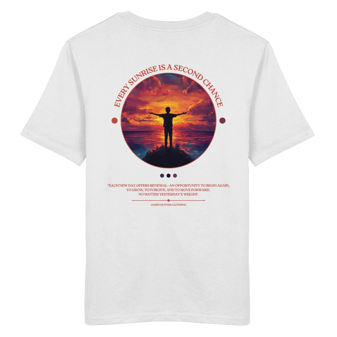White organic T-shirt with sunset silhouette design, 'Every Sunrise Is a Second Chance' quote, eco-friendly outdoor apparel